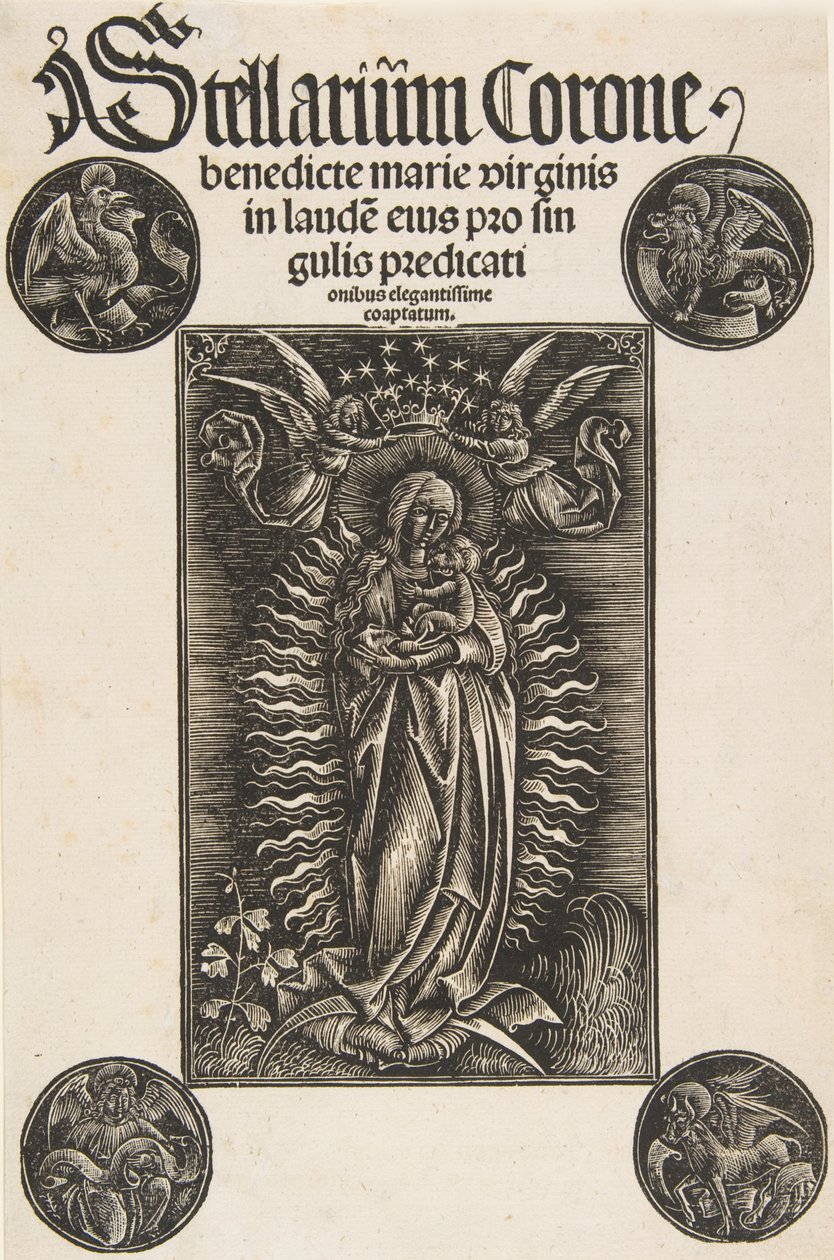 Virgin on a Crescent, Tittelside fra Pelbartus de Temesvar: Stellarium corone Schr. 2869..., 1502. av Daniel Hopfer.