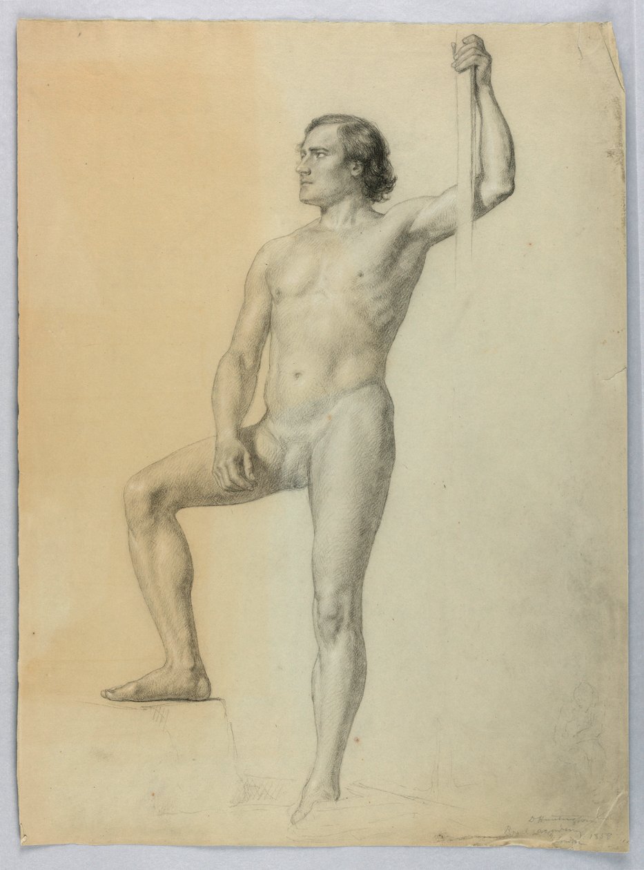 Tegning, Mannlig naken med én fot på et trinn, 1858 av Daniel Huntington