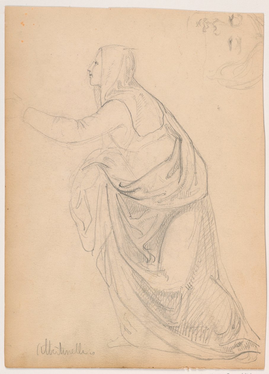 Tegning, Kvinne i kappe som rekker ut en hånd, etter Mariotto Albetinelli, 1844 av Daniel Huntington