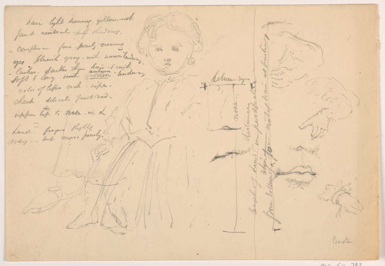 Tegning, Barnet Hugh Baxter stående, Hånd- og leppestudier, 1865 av Daniel Huntington