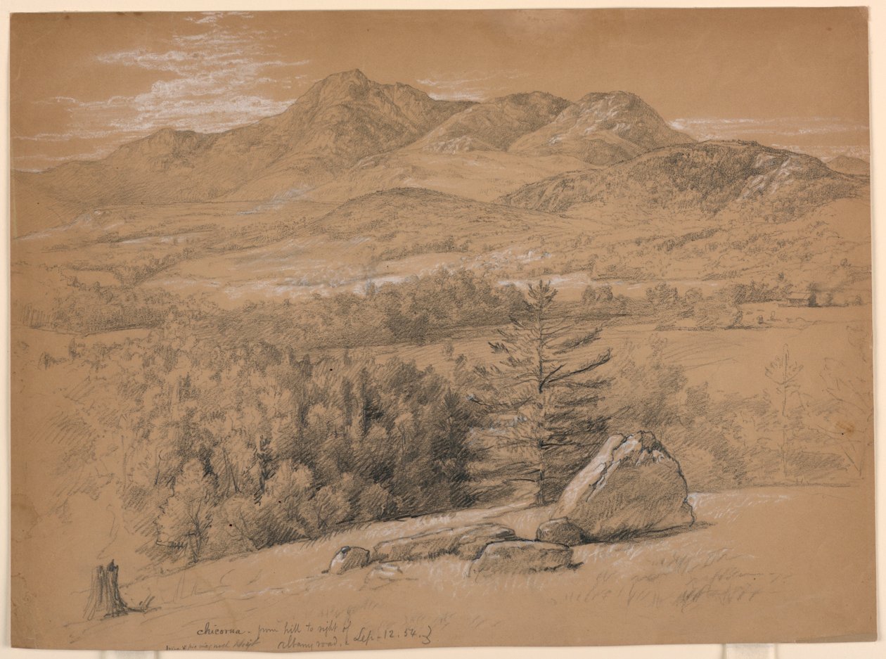 Tegning, utsikt over Mount Chocorua, fra åsen til høyre for Albany Road, 12. september 1854 av Daniel Huntington