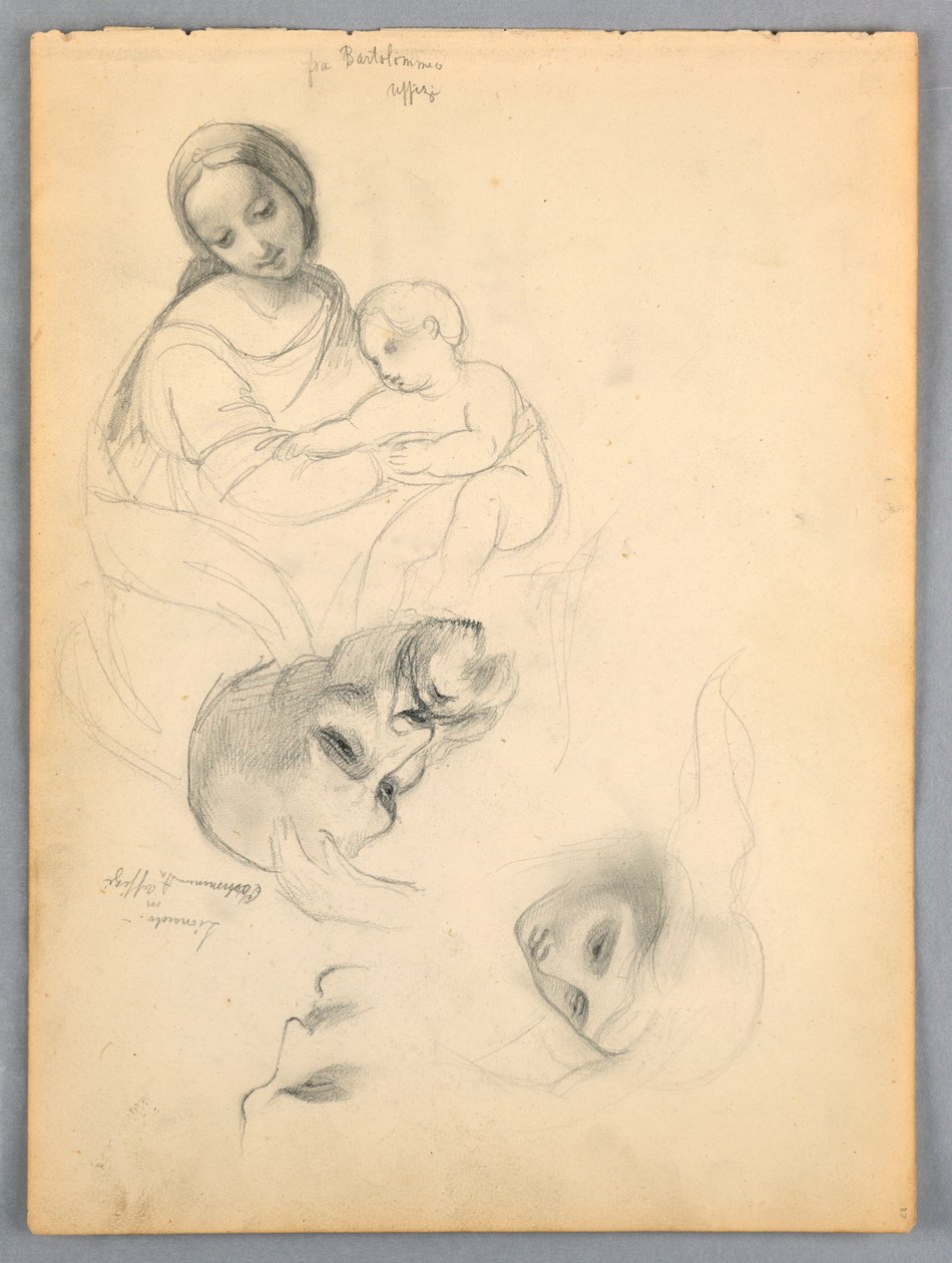 Madonna og barn, skisser etter Leonardo Da Vinci og Fra Bartolomeo fra Works in the Uffizi, Firenze av Daniel Huntington