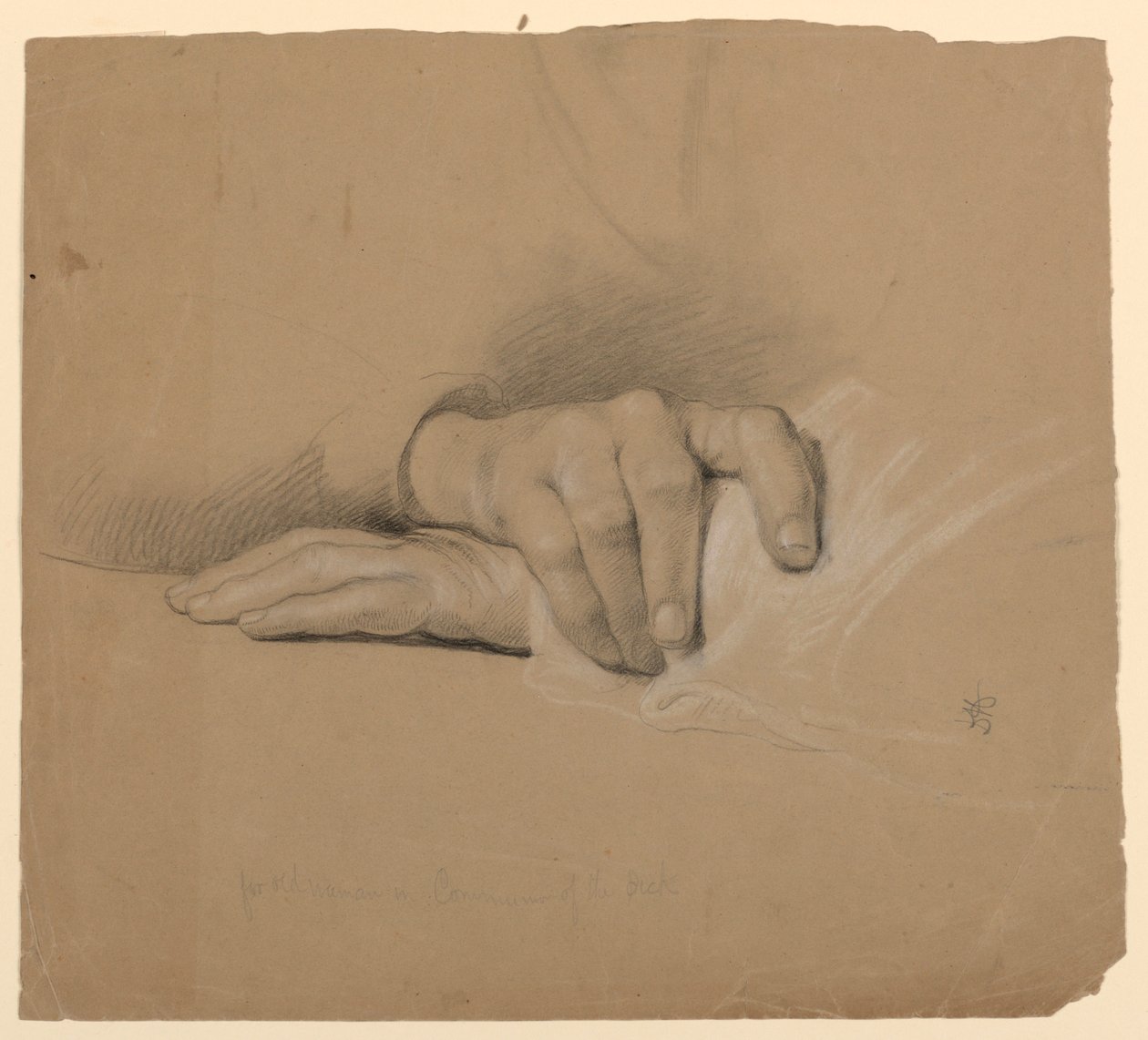 Studie av hender for eldre kvinne i "Communion of the Sick" av Daniel Huntington