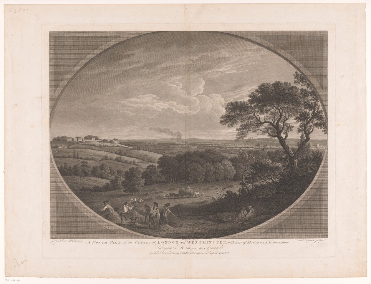 Visning av London, sett fra Hampstead Heath En nordlig utsikt over byene London og Westminster, med en del av Highgate hentet fra Hampstead Heath, nær spanjolene (tittel på objekt) av Daniel Lerpinière