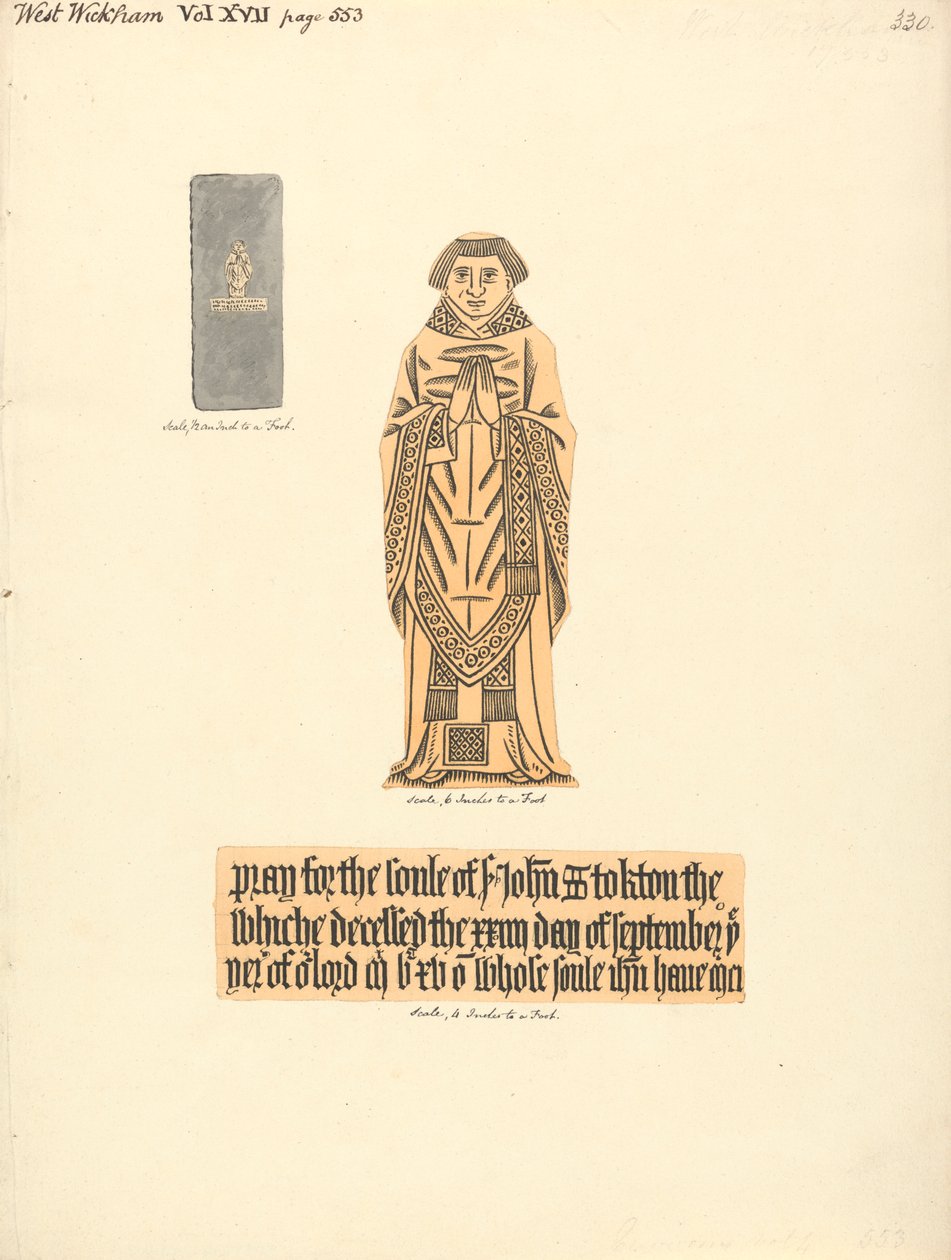 Messingplatemonument for John Stockton, West Wickham Church av Daniel Lysons