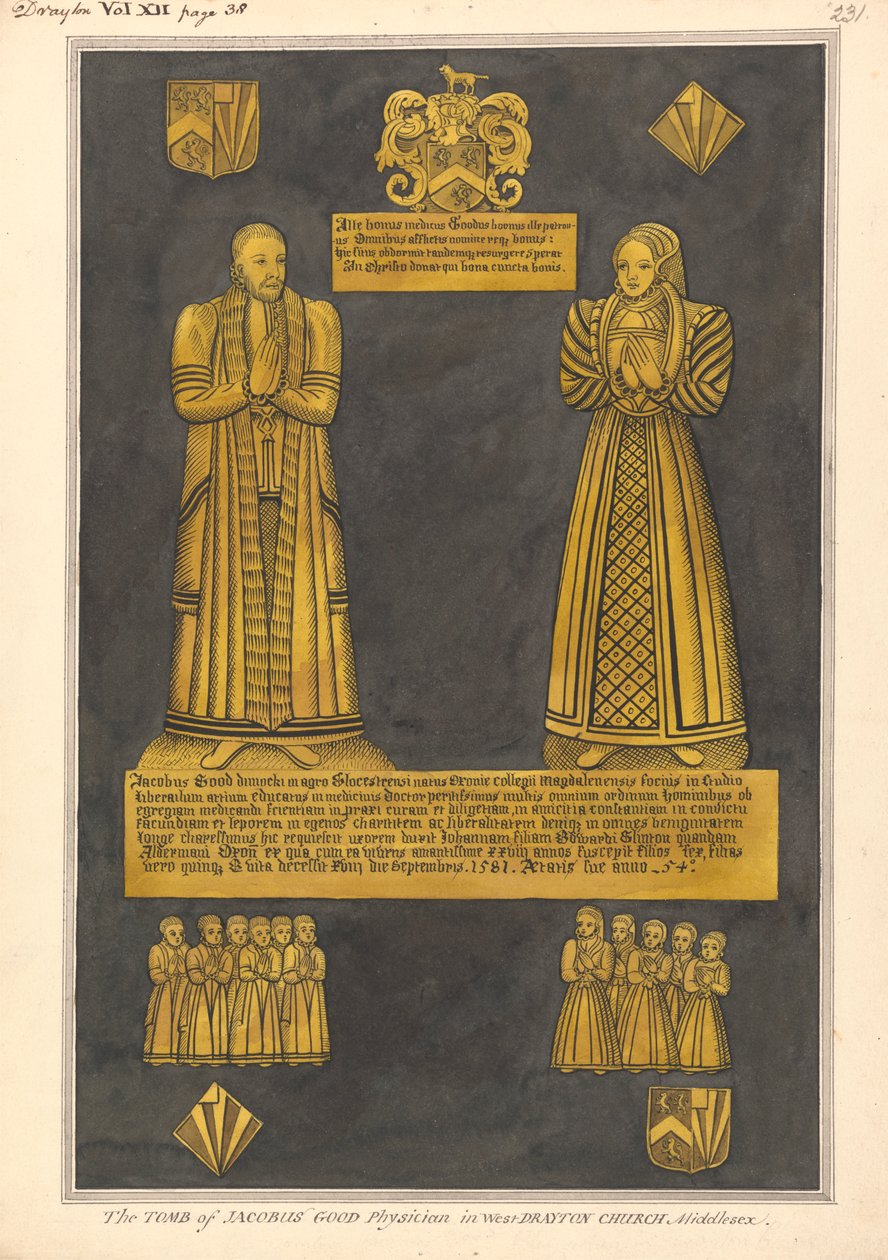 Messingtallerken til Dr. James Goode og hans kone Joan, datter av Edward Clinton, West Drayton Church av Daniel Lysons