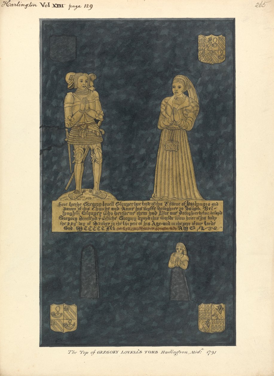 Messingplate for Gregory Lovell og hans kone Anne, datter av David Bellingham, Harlington Church av Daniel Lysons