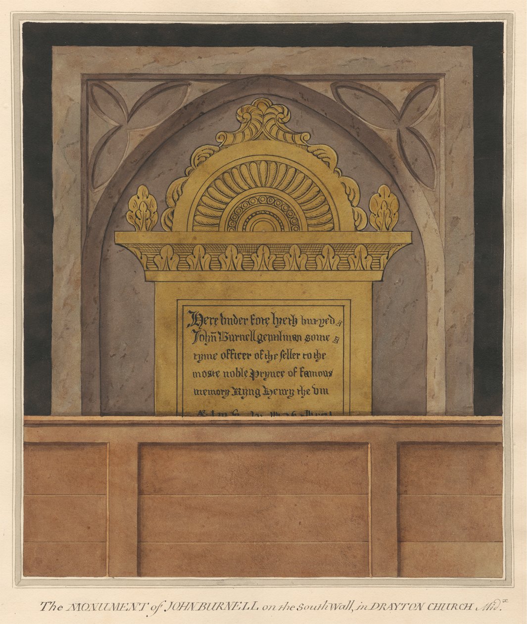 Messingplate til John Burnell fra Drayton Church av Daniel Lysons