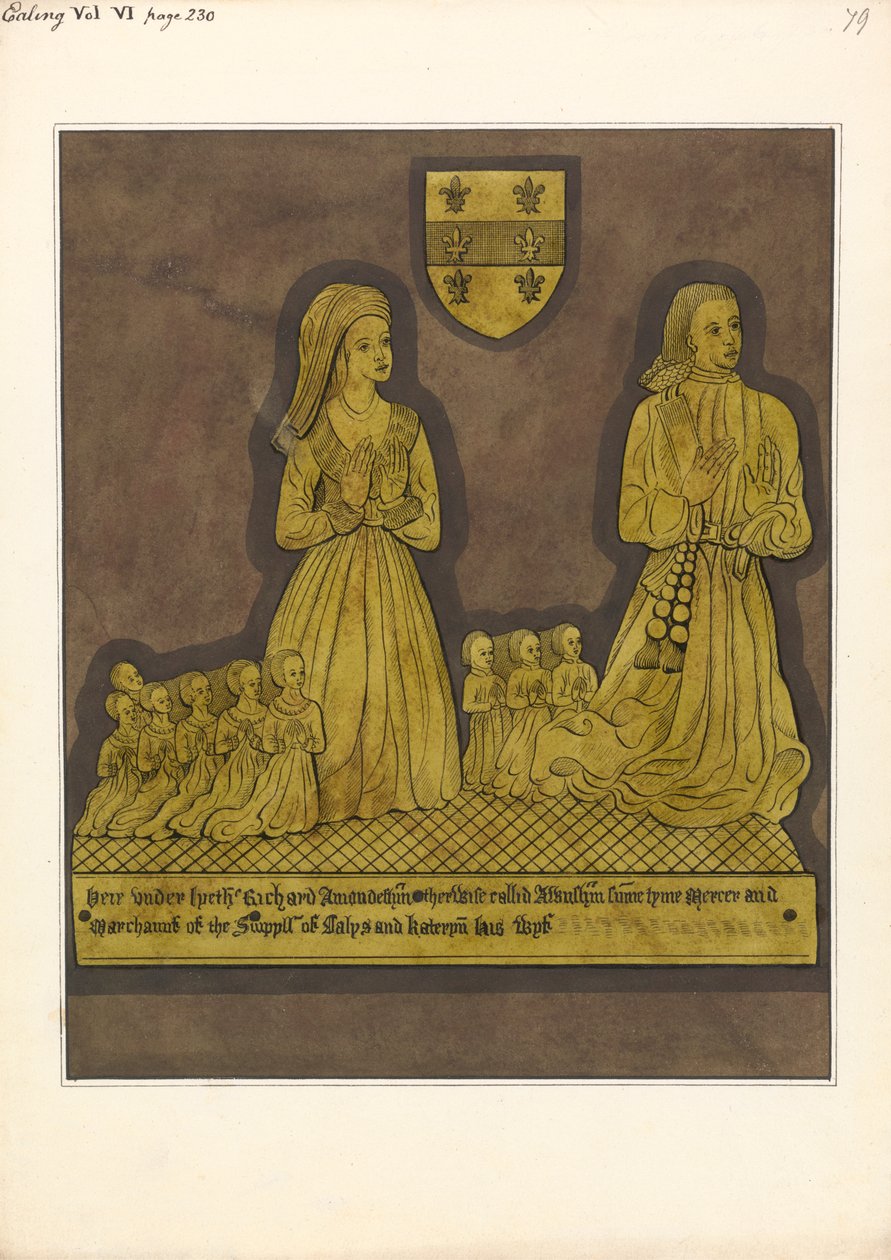 Messingplate for Richard Amondesham og hans kone Katherine, Ealing Church av Daniel Lysons