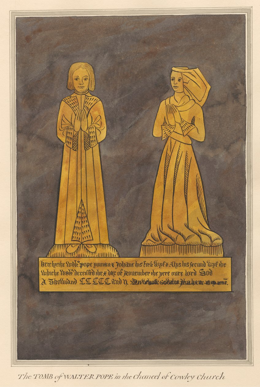 Messingplate for Walter og Alice Pope og deres sønn fra Cowley Church av Daniel Lysons