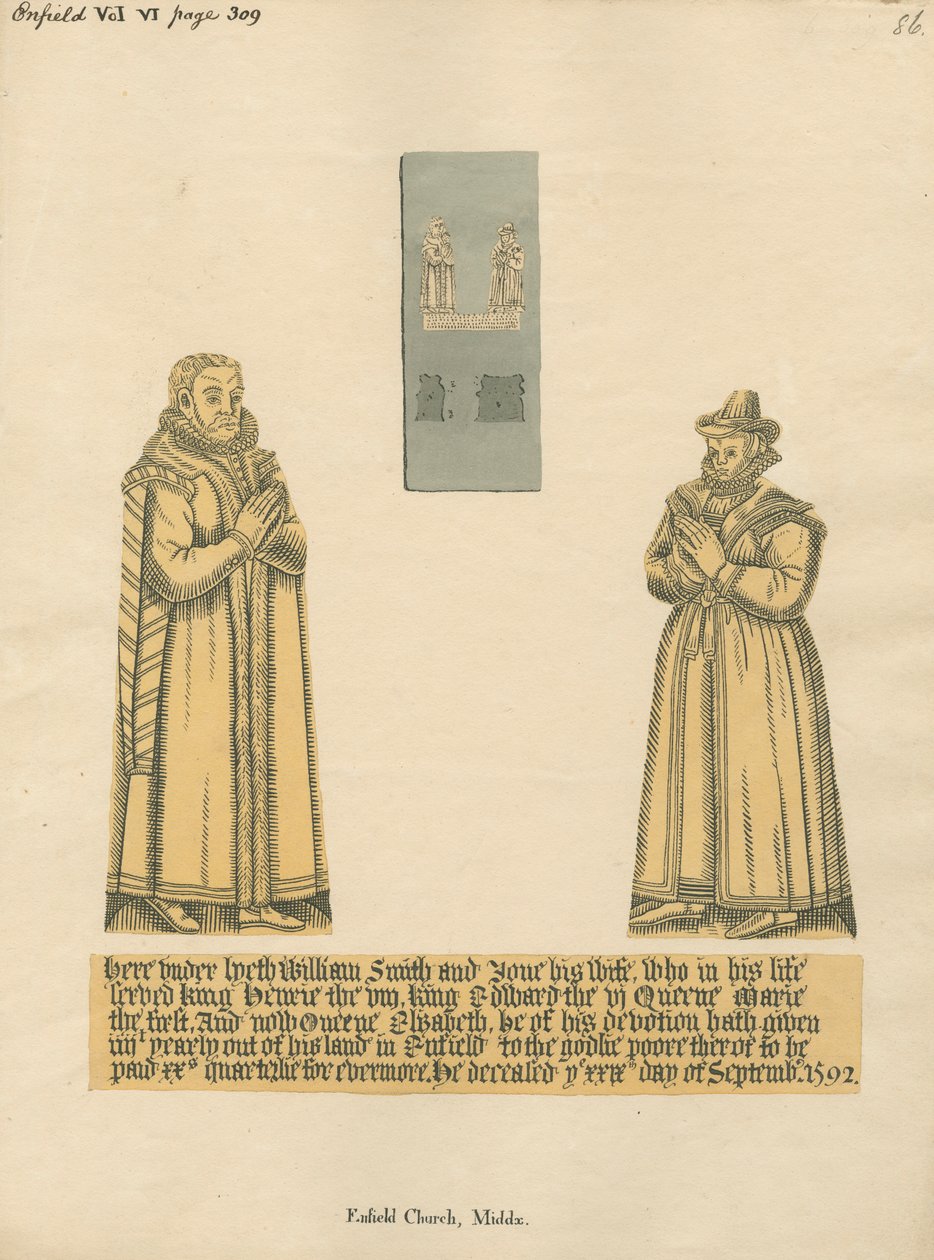Messingplate for William og Jane Smith fra Enfield Church av Daniel Lysons