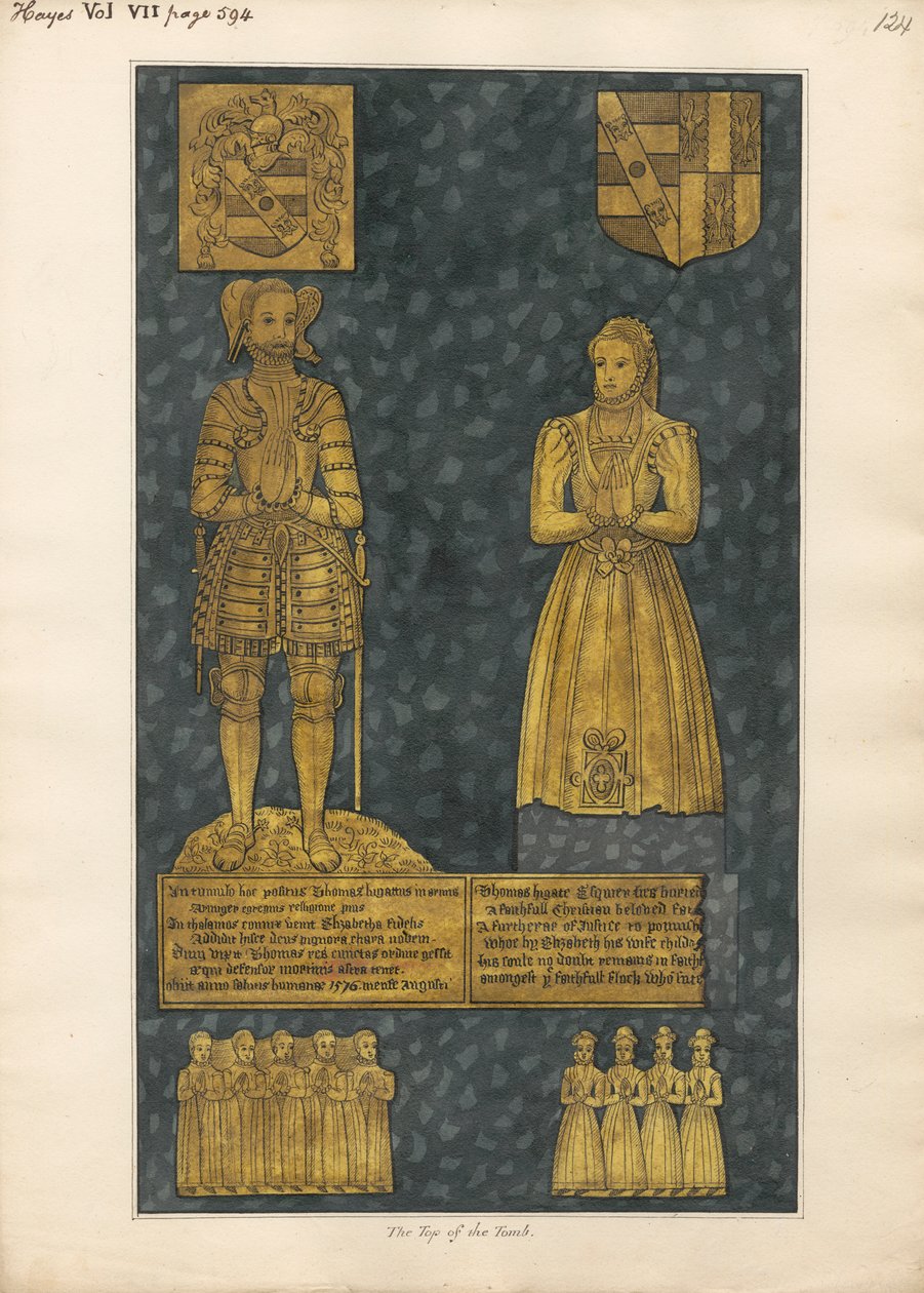 Messingplate på toppen av Tomb of Thomas and Elizabeth Higate fra Hayes Church av Daniel Lysons