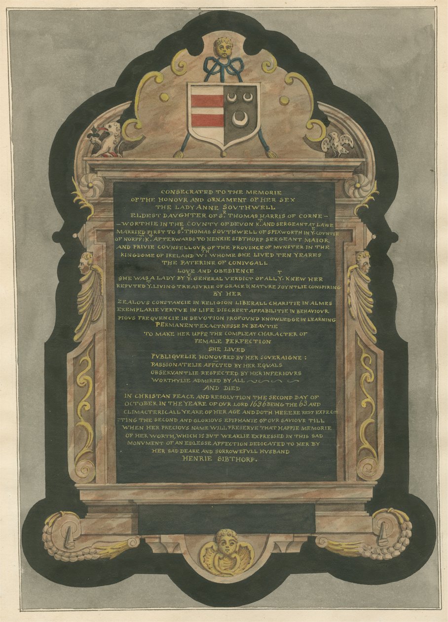 Minnesmerke over Lady Anne Southwell fra Acton Church av Daniel Lysons