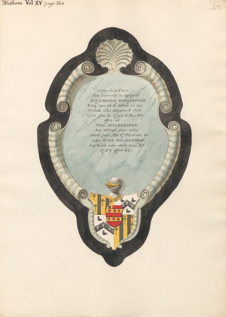 Minnesmerke for Baybrigg Buckeridge, hans kone Mary og hans sønn, Thomas fra West Ham Church av Daniel Lysons