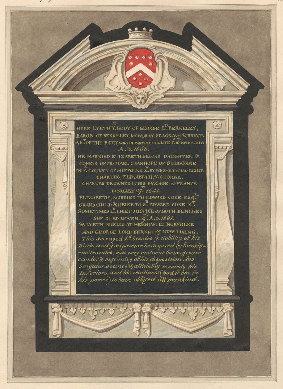 Minnesmerke over George Lord Berkeley fra Cranford Church av Daniel Lysons