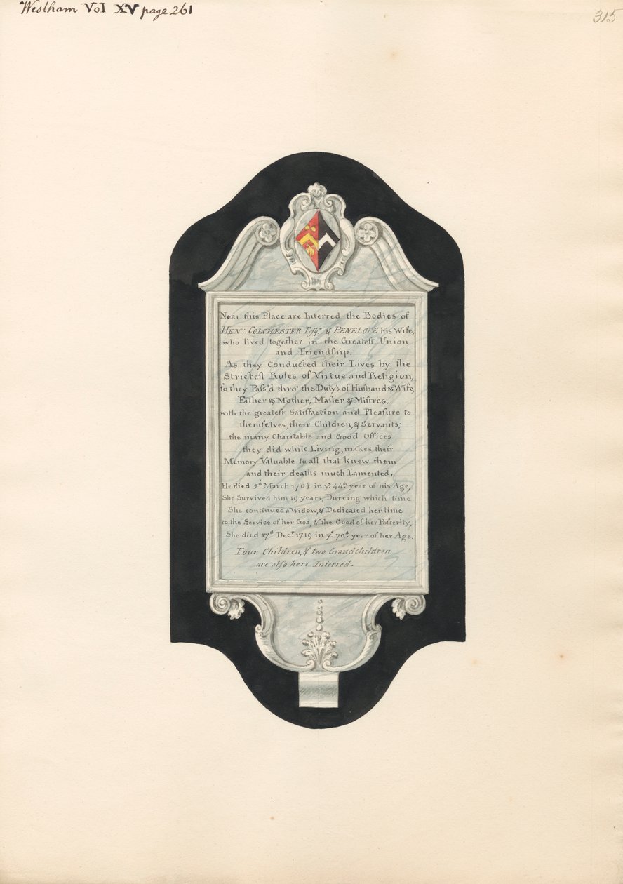 Minnesmerke over Henry og Penelope Colchester, og fire barn og to barnebarn, fra West Ham Church av Daniel Lysons
