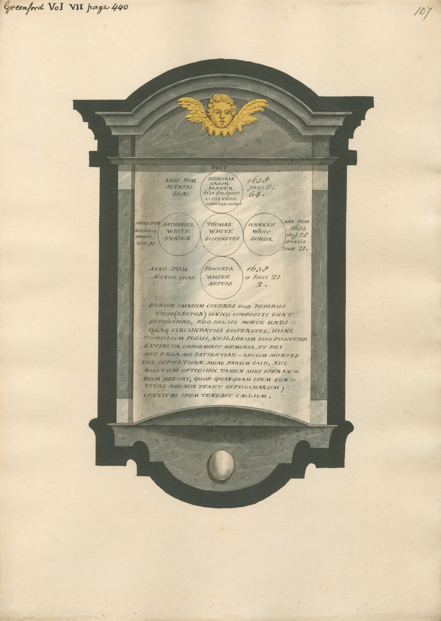 Minnesmerke til Honoria Cason, Nathaniel, Thomas, Hannah og Honoria White fra Greenford Church av Daniel Lysons