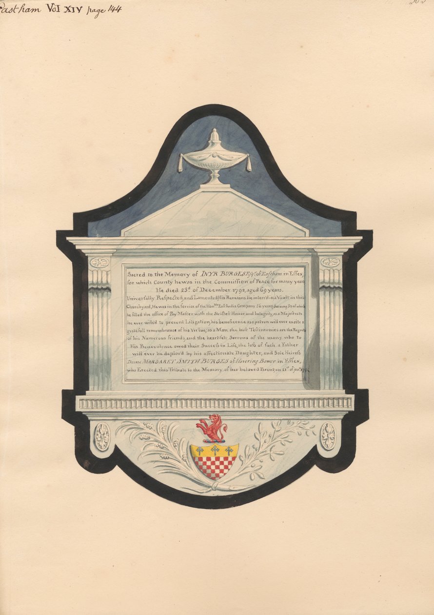 Minnesmerke over Inyr Burgess, fra East Ham Church av Daniel Lysons