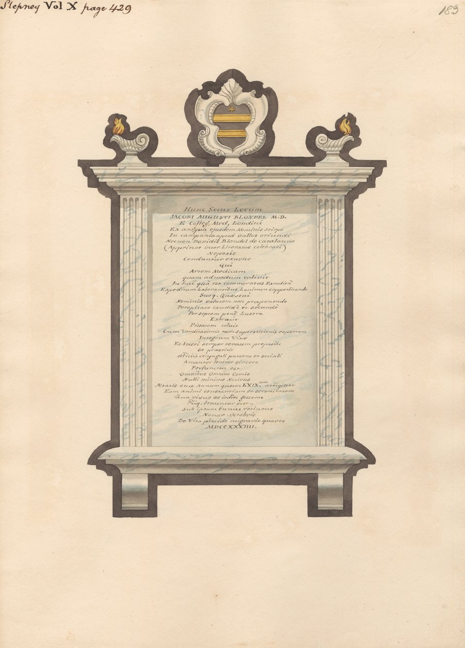 Minnesmerke over Jacob Augustus Blondel fra Stepney Church av Daniel Lysons