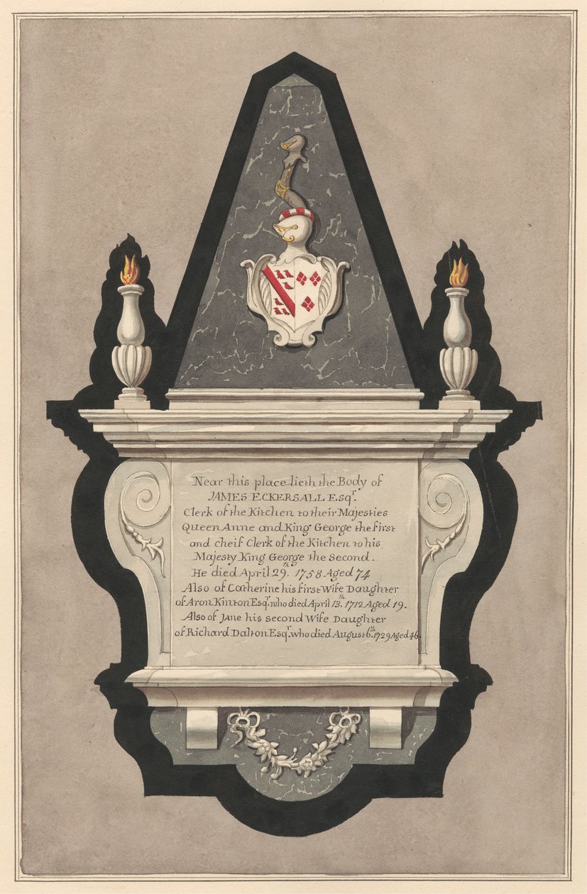 Minnesmerke over James Eckersall og hans kone Catherine og hans andre kone Catherine og hans andre kone Jane fra Drayton Church av Daniel Lysons