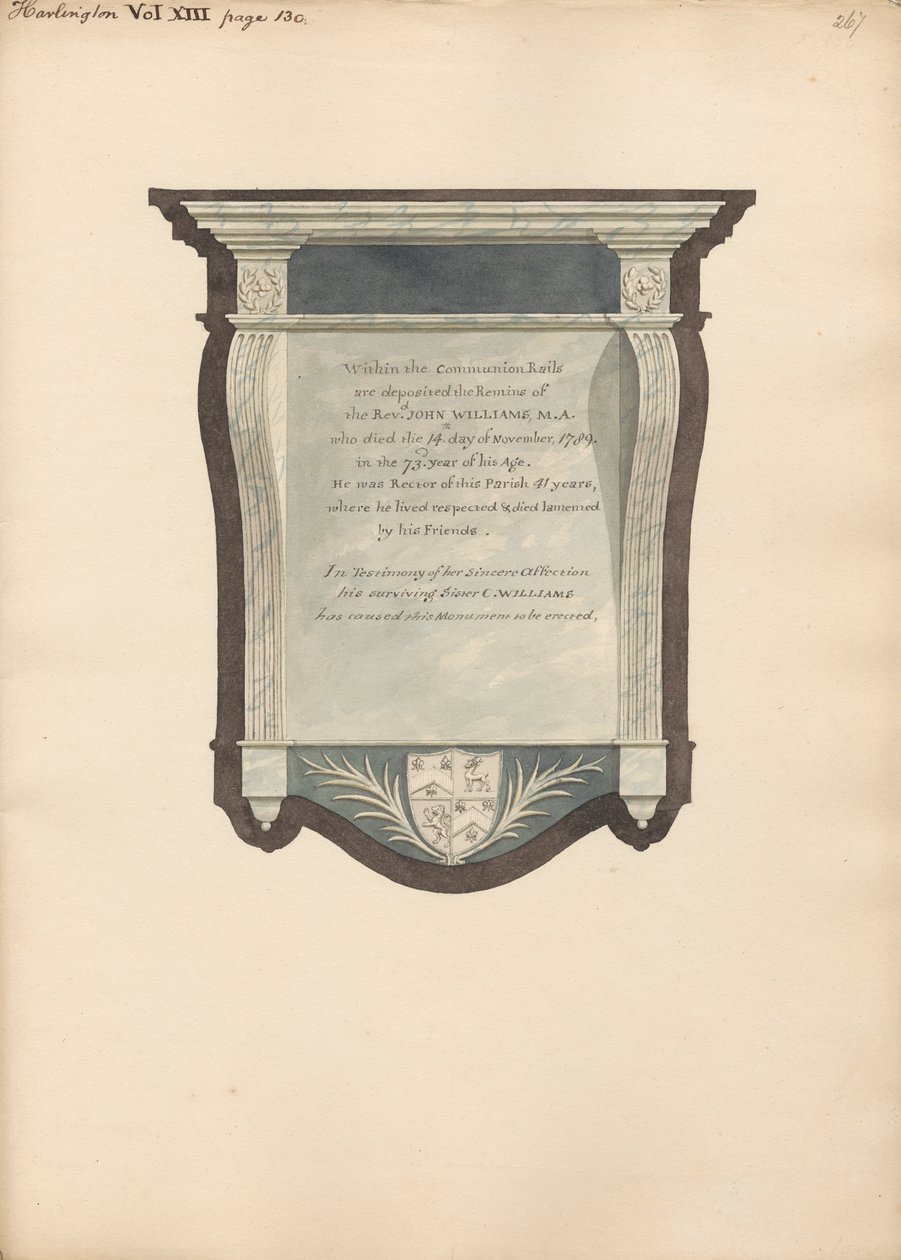 Minnesmerke over John William fra Harlington Church av Daniel Lysons