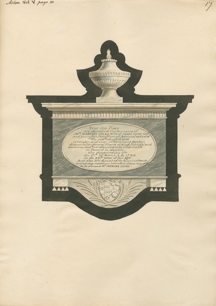 Minnesmerke over Martha, Philip og George Joseph Cocks fra Acton Church av Daniel Lysons
