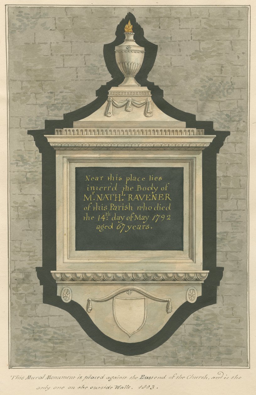 Minnesmerke over Mr. Nathaniel Ravener fra Greenford Church av Daniel Lysons