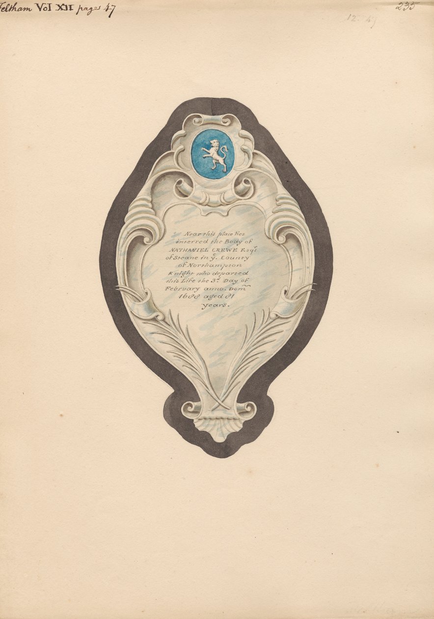Minnesmerke over Nathaniel Crewe fra Feltham Church av Daniel Lysons