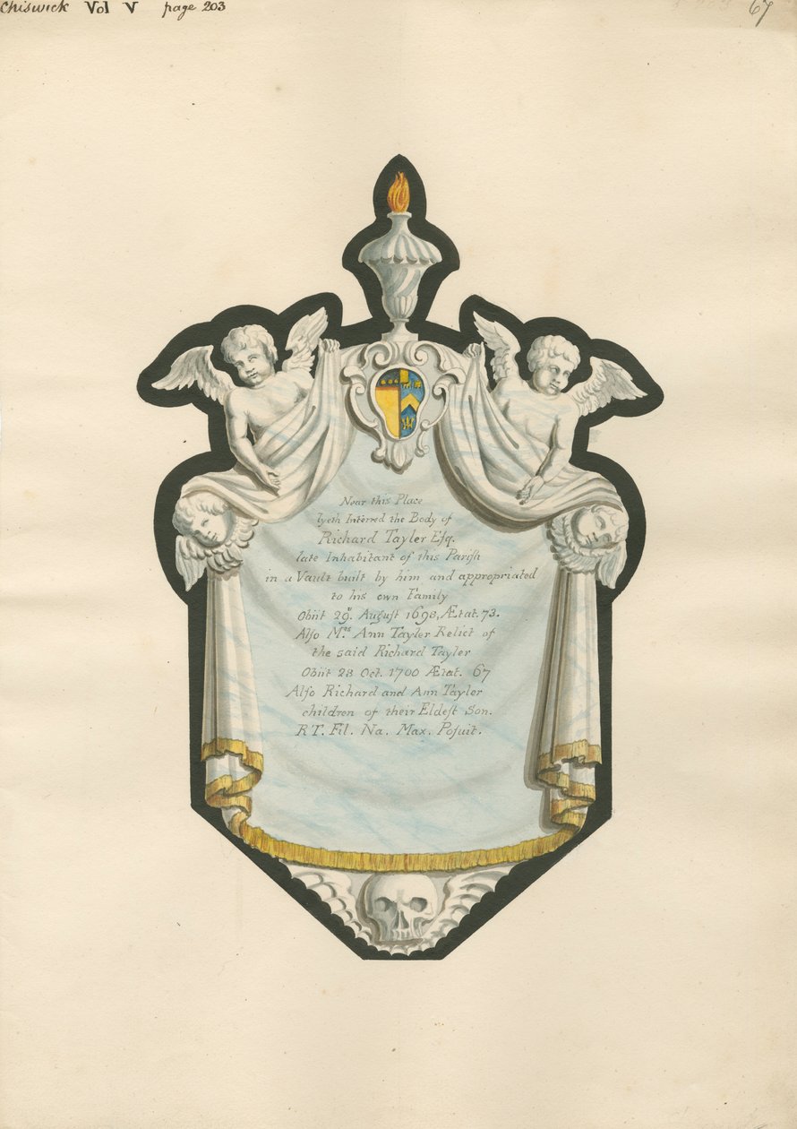 Minnesmerke over Richard Taylor og fru Ann Taylor og deres barn Richard og Anne fra Chiswick Church av Daniel Lysons