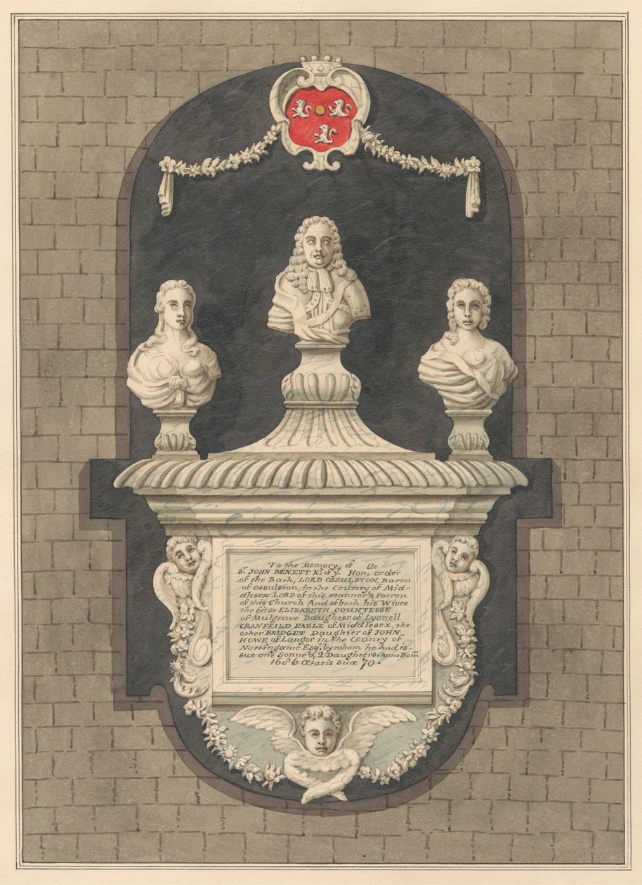 Minnesmerke over Sir John Benett og hans koner Elizabeth og Bridget fra Harlington Church av Daniel Lysons