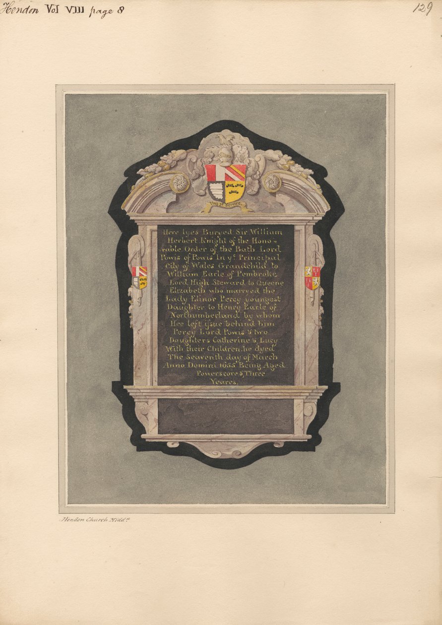 Minnesmerke over Sir William Herbert fra Hendon Church av Daniel Lysons