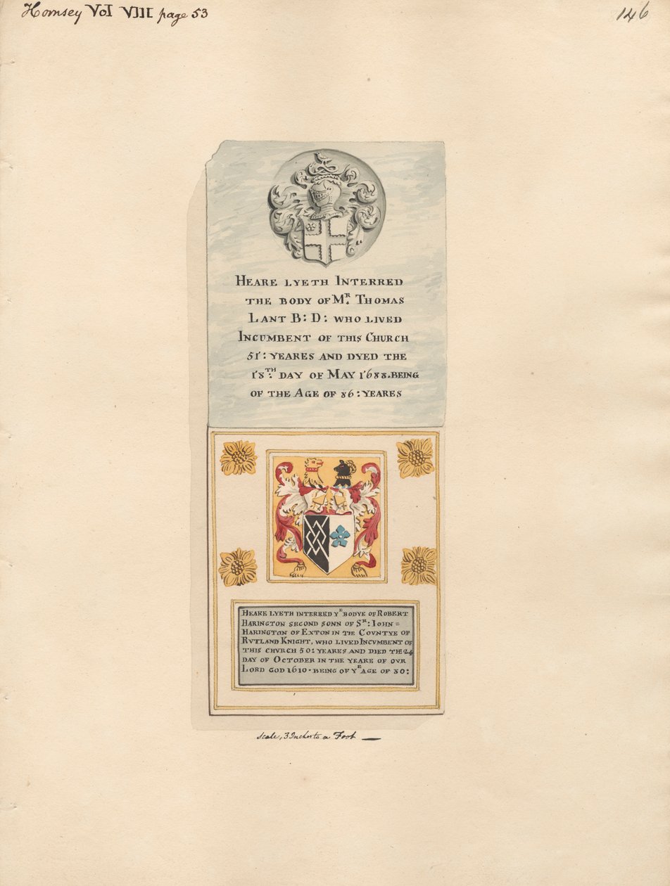 Minnesmerke for Thomas Lant også til Robert Harington fra Hornsey Church av Daniel Lysons