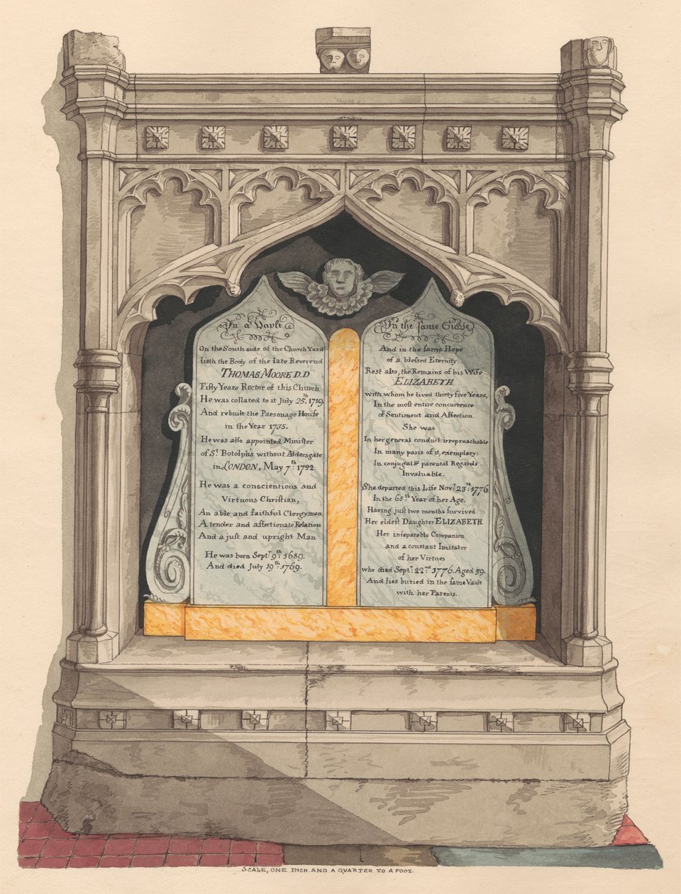 Minnesmerke for Thomas og Elizabeth Moore og deres datter Elizabeth, fra Chiselhurst Church av Daniel Lysons