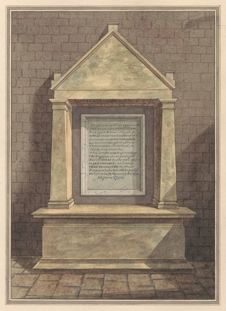 Minnesmerke over to søskenbarn som begge heter Elizabeth Isaak fra Hanworth Church av Daniel Lysons