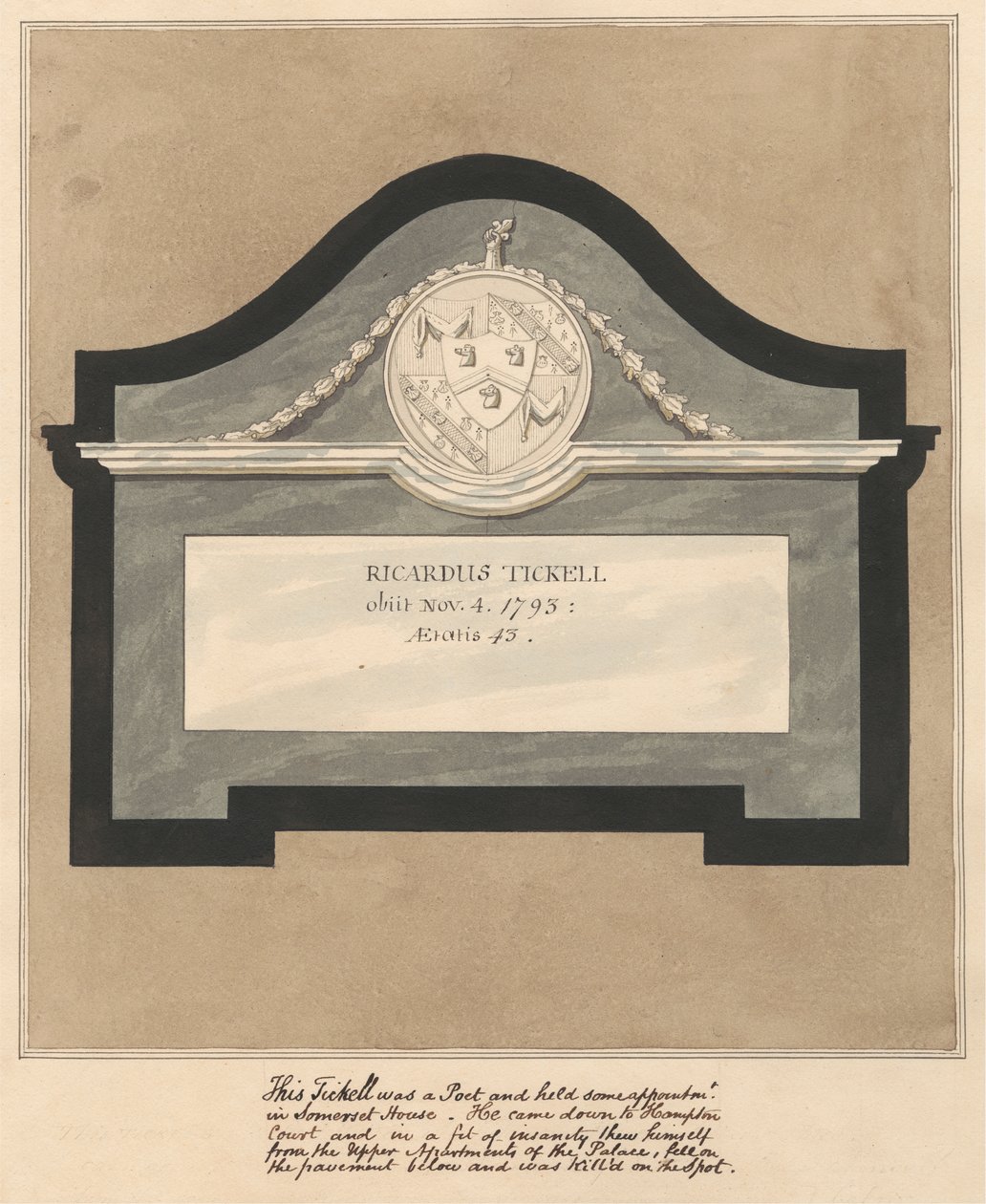 Minnesmerke for en poet, Richard Tickell fra Hampton Church av Daniel Lysons