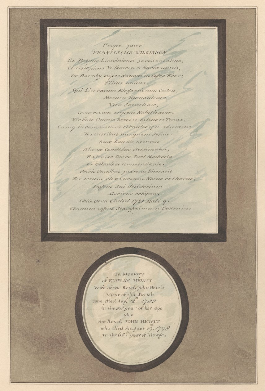 Minnesmerker over Francis Wilkson og John og Eluzay Hewitt fra Feltham Church av Daniel Lysons