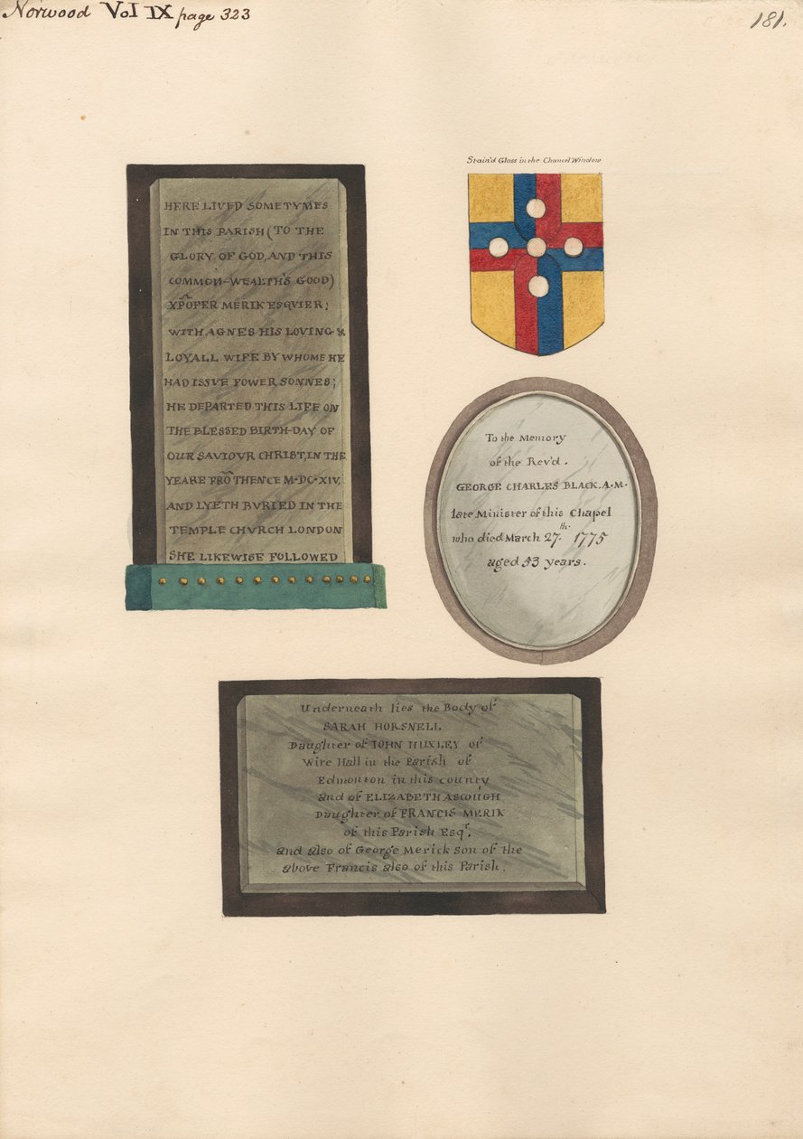 Minnesmerker over Xpofer og Agnes Merick, George Charles Black og Sarah Horsnell, Elizabeth Ascough og George Merick av Daniel Lysons