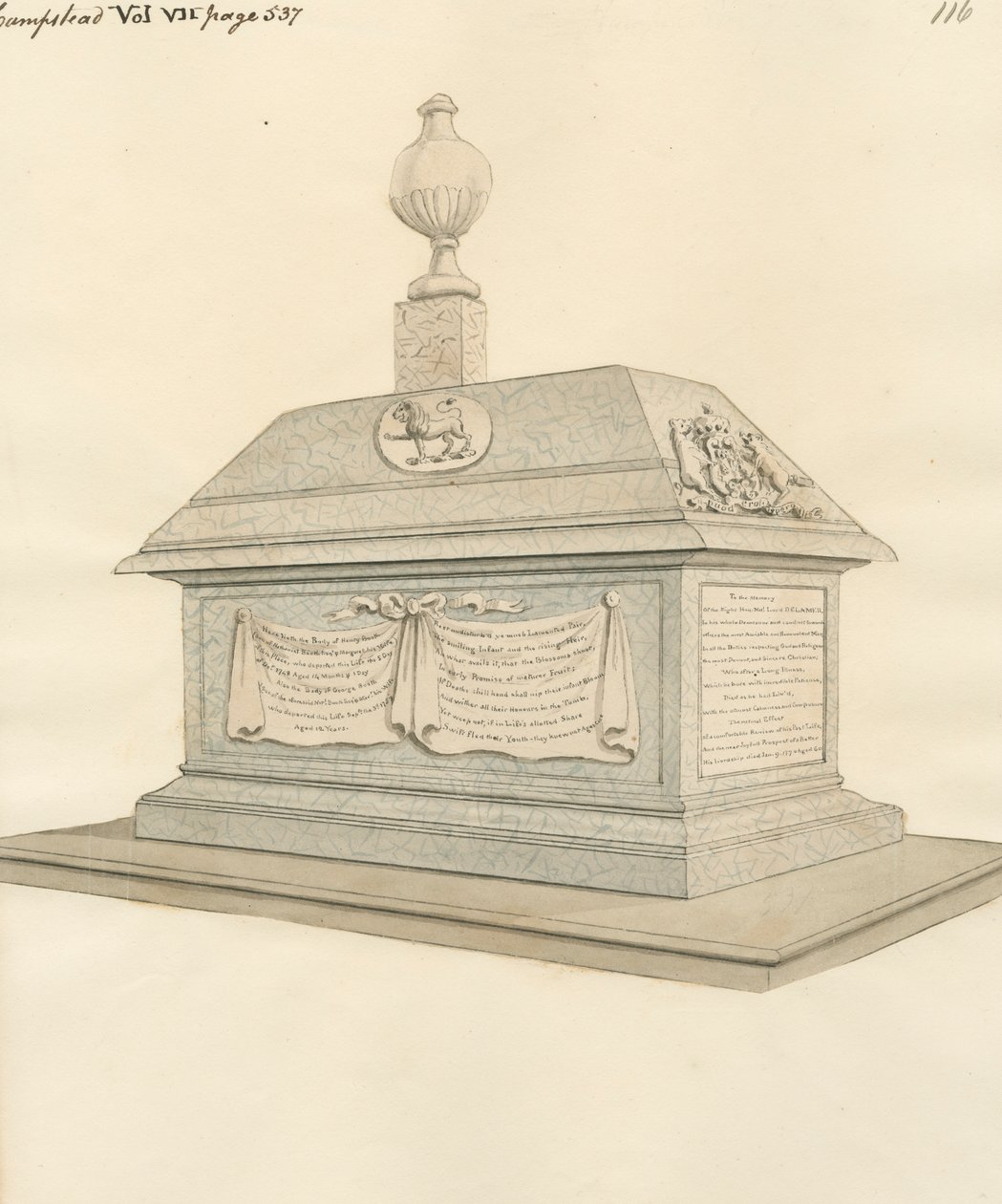 Nathaniel Lord Delamer og Henry og George Booth fra Hampstead Church av Daniel Lysons