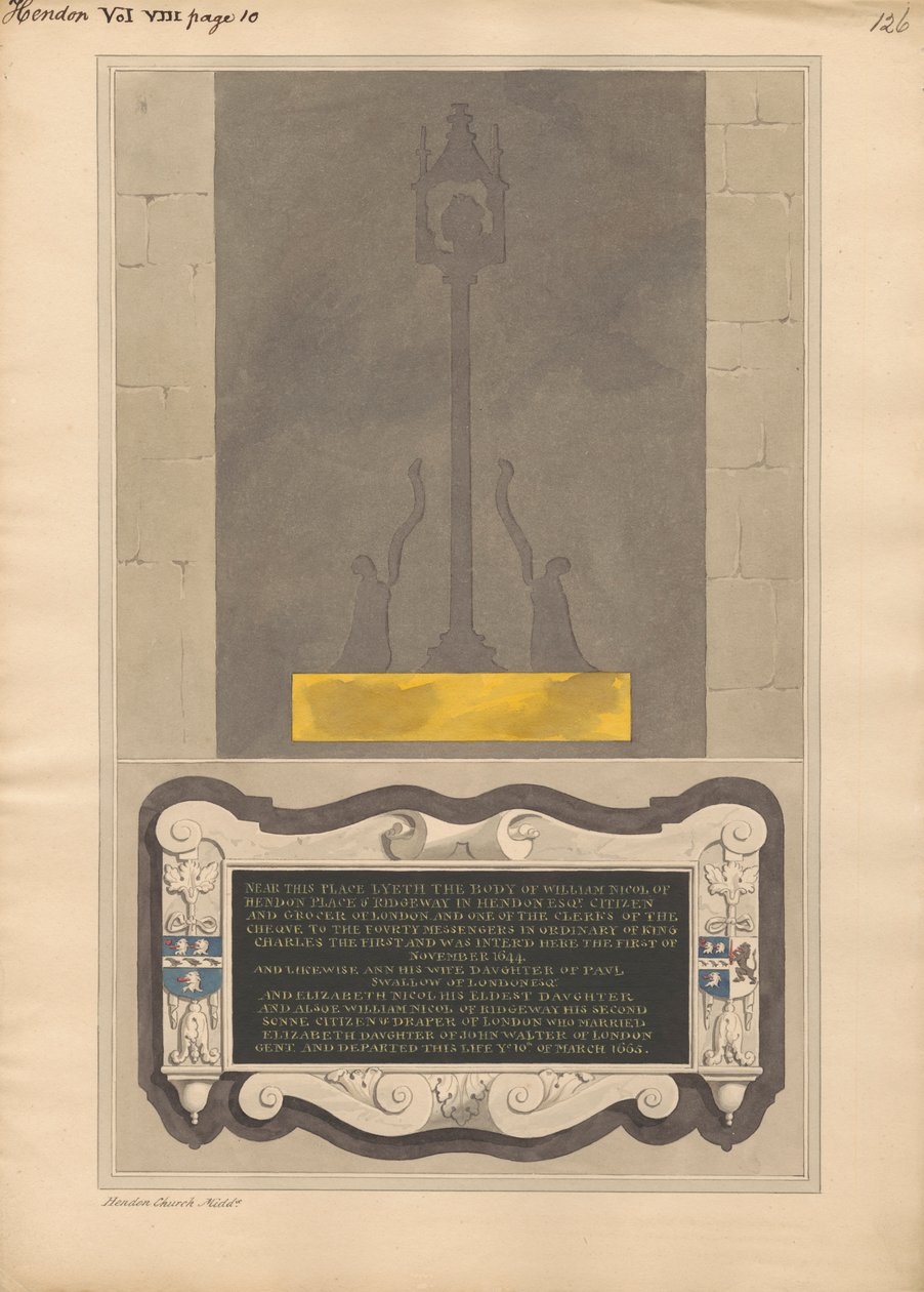 Rester av messingplate og minnesmerke til William Nicol og Ann hans kone og Elizabeth hans datter og William hans sønn av Hendon Church av Daniel Lysons