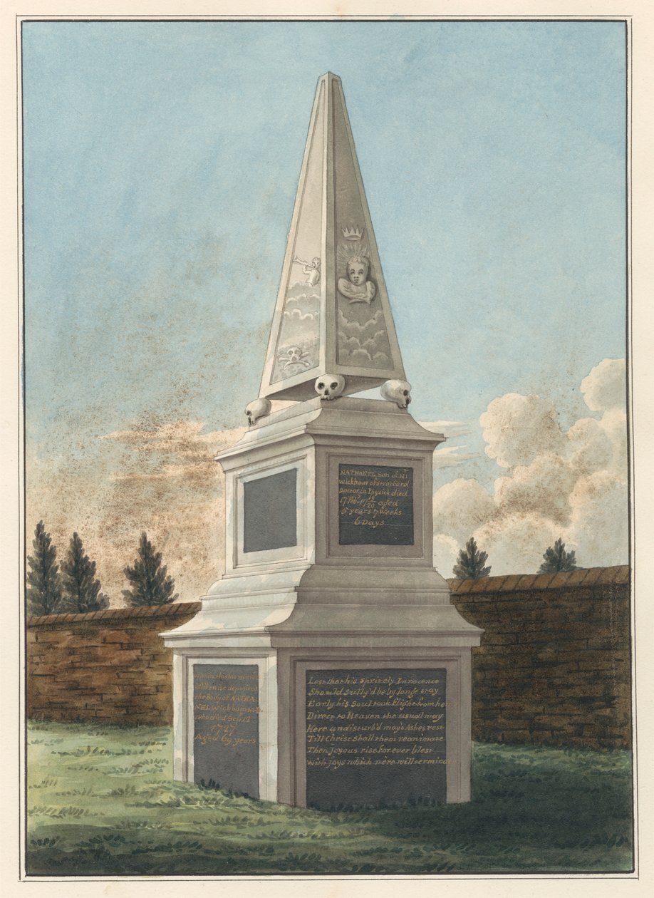 Graven til Nathaniel Wickham, fra West Ham Churchyard av Daniel Lysons