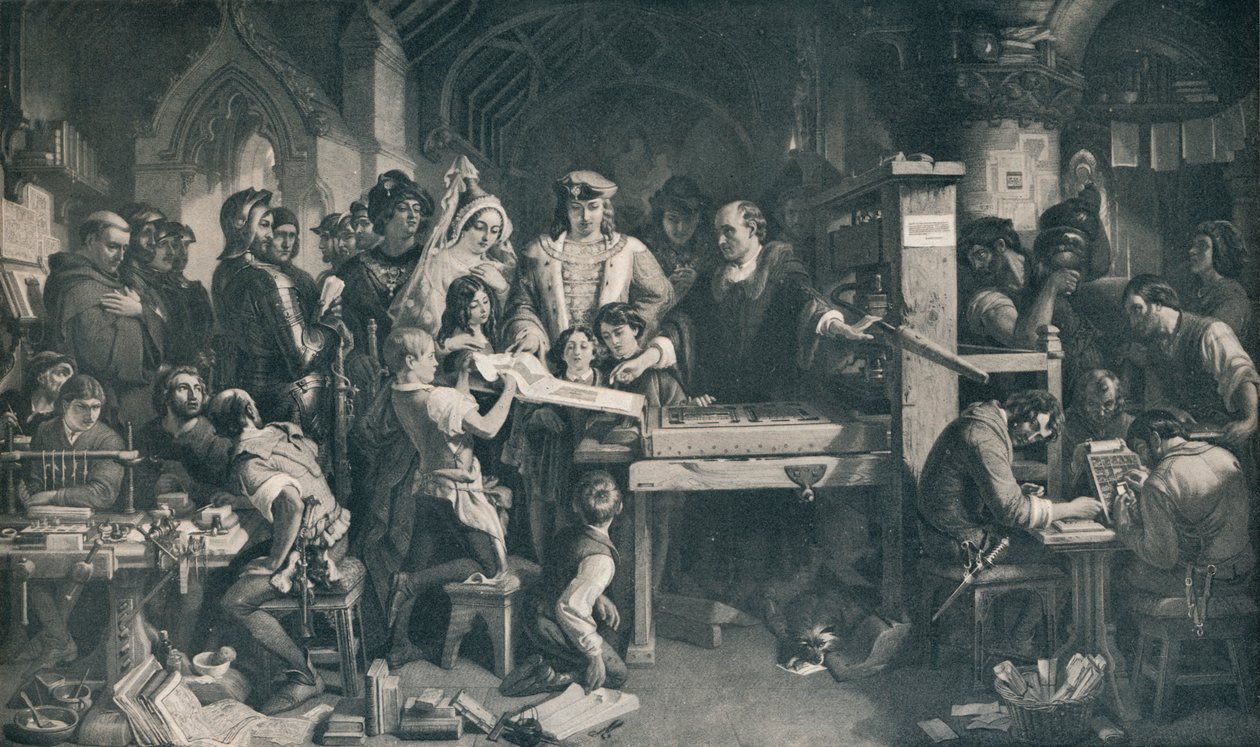 Caxton viser det første eksemplaret av hans trykk til kong Edward IV, c1858, 1911 av Daniel Maclise