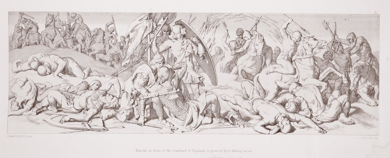 Harold, foran Standard of England, er gjennomboret av en fallende pil, fra 