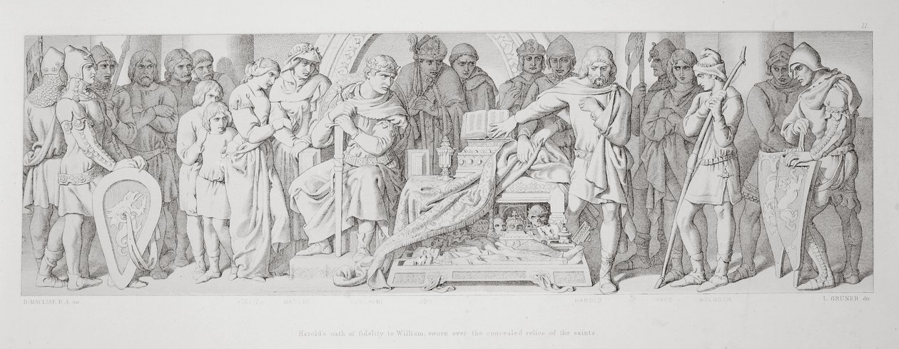 Harolds troskapsed til William, sverget over de skjulte relikviene til helgenene, fra 'The Story of the Norman Conquest', gravert av L. Gruner, 1866 88:Harold II (ca. 1022-66), kronet i 1. av Daniel Maclise