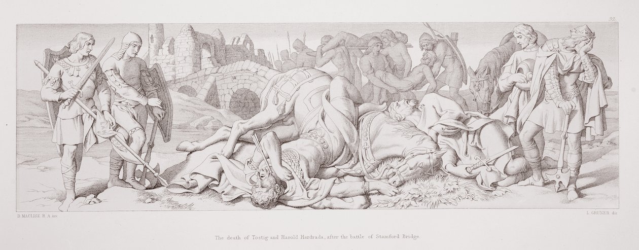 Tostig og Harold Hardradas død etter slaget ved Stamford Bridge, fra 'The Story of the Norman Conquest', gravert av L. Gruner, 1866 av Daniel Maclise