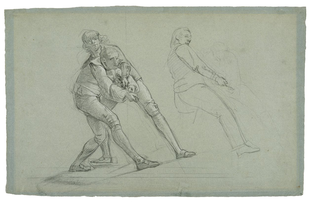 Studie for The Siege of Gibraltar (Study of Figures Pulling on a Rope), 1785-1786 (svart og hvitt kritt på gråblått papir) av Daniel Mytens