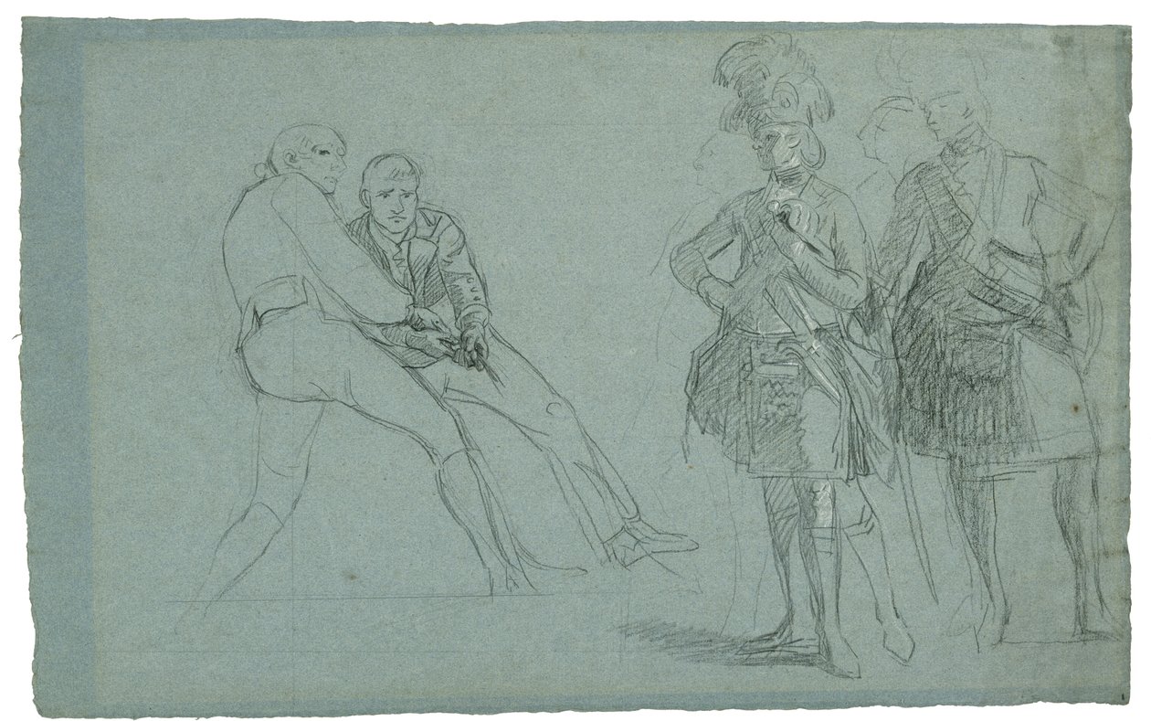 Studie for The Siege of Gibraltar (Studie av oberstløytnant Lindsay og figurer som trekker på et tau), ca. 1786-1787 (grafslips og svart og hvitt kritt på gråblått papir) av Daniel Mytens