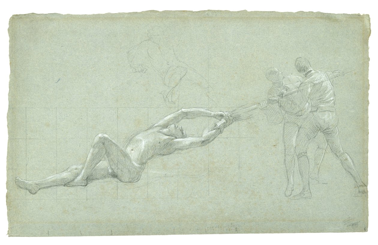 Studie for The Siege of Gibraltar (Studium of Rescued Figure and Two Figures Pulling on an Oar), 1785-1786 (svart og hvitt kritt på grågrønt papir) av Daniel Mytens
