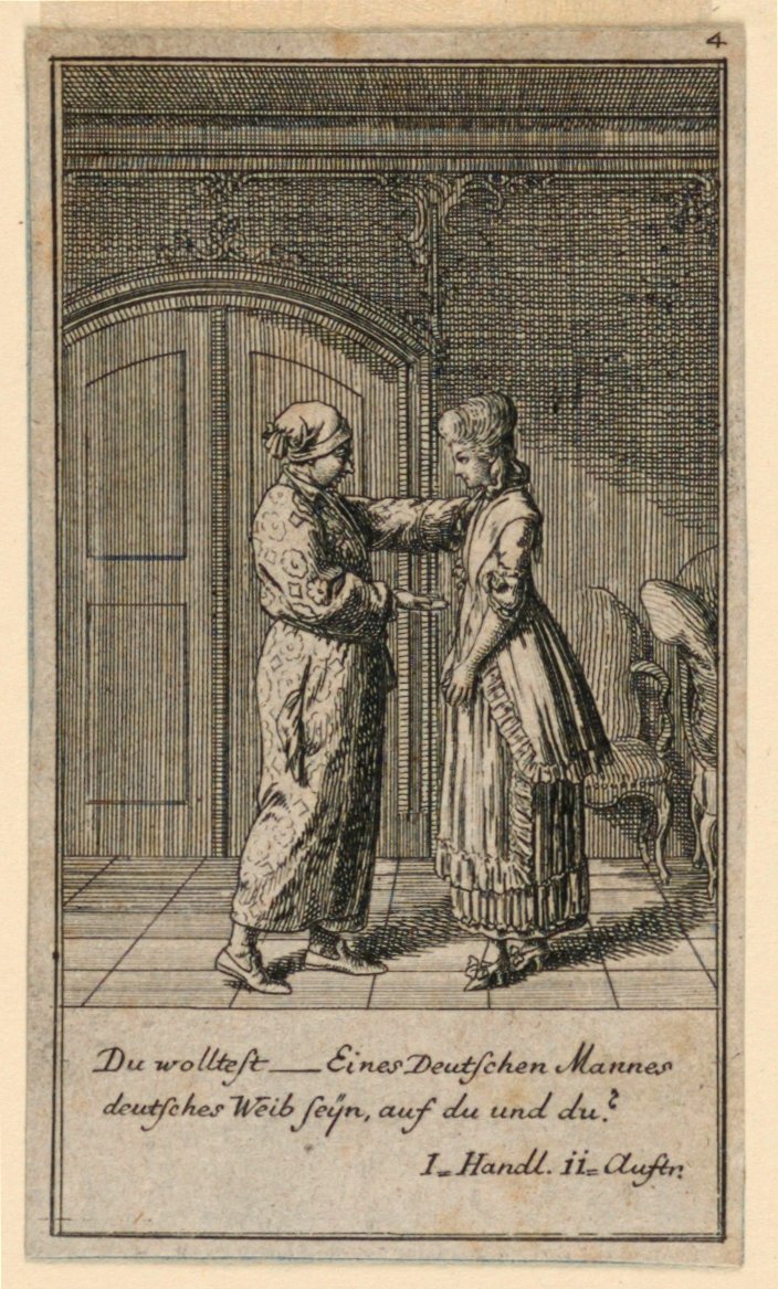 En far eller verge snakker med en jente, illustrasjon av skuespillet "Not more than sachs Schuesseln" av Fredrich Wilhelm Grossman i "Königl: Grosbrit [rian] genealogisk kalender for 1782-året Lauenberg av J.G. Berenberg" av Daniel Nikolaus Chodowiecki
