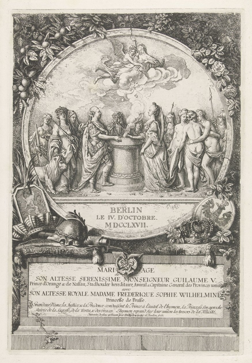 Allegori om ekteskapet til William V og Wilhelmina av Preussen, 1767 Mariage de Son Altesse Serenissime Monsignor Guillaume V. Prince d'Orange & de Nassau (...) med Son Altesse Royale Madame Frederique Sophie Wilhelmine Princesse de Prusse (tittel  av Daniel Nikolaus Chodowiecki