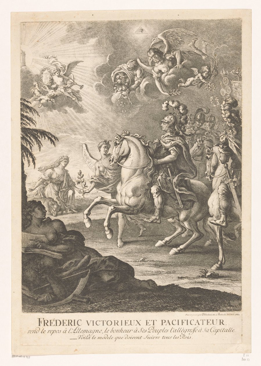 Allegorisk representasjon med Fredrik den store til hest Fréderic victorieux et pacificateur (...) (tittel på objekt) av Daniel Nikolaus Chodowiecki